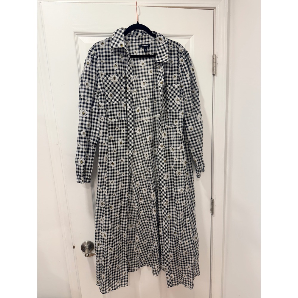 Torrid Black White Gingham Daisy Embroidered Cotton Duster Kimono Plus Size 1 1X
